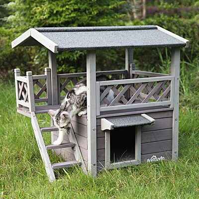 Wood Cat House with Balcony, Outdoor Kitty Shelter with Stairs