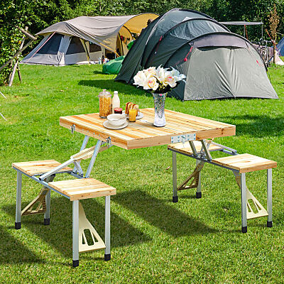 Outdoor Portable Camping Picnic Table with Seats Chairs & Umbrella Hole 