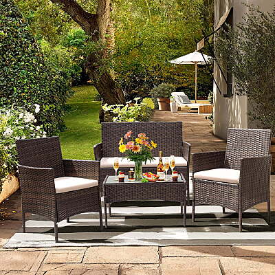 4 Pieces Patio Conversation Set Outdoor Furniture PE Rattan Wicker Chairs Set and Table