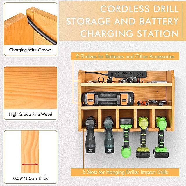 Wall Mounted Power Tool Organizer and Battery Charging Station