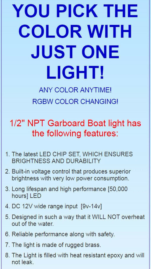 RGB Color Changing LED Boat Drain Plug Light 1200 Lumens 1/2-inch NPT Underwater