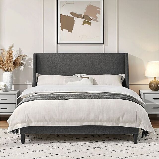 Queen Platform Bed Frame with Fabric Upholstered Headboard 