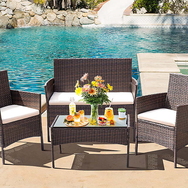 4 Pieces Patio Conversation Set Outdoor Furniture PE Rattan Wicker Chairs Set and Table